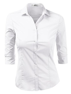 Doublju Womens Basic Slim Fit Stretchy 3/4 Sleeve Button Down Collared Shirt with Plus Size