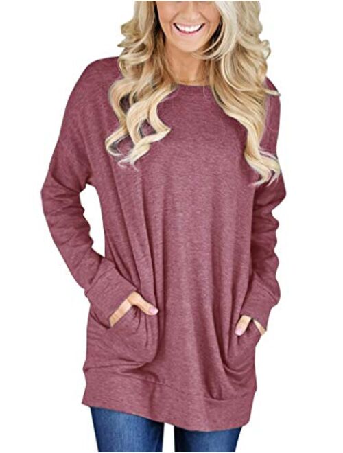 Bingerlily Women's Casual Long Sleeve Top Tunics Crew Neck Shirts Loose Fitting Blouses with Pocket