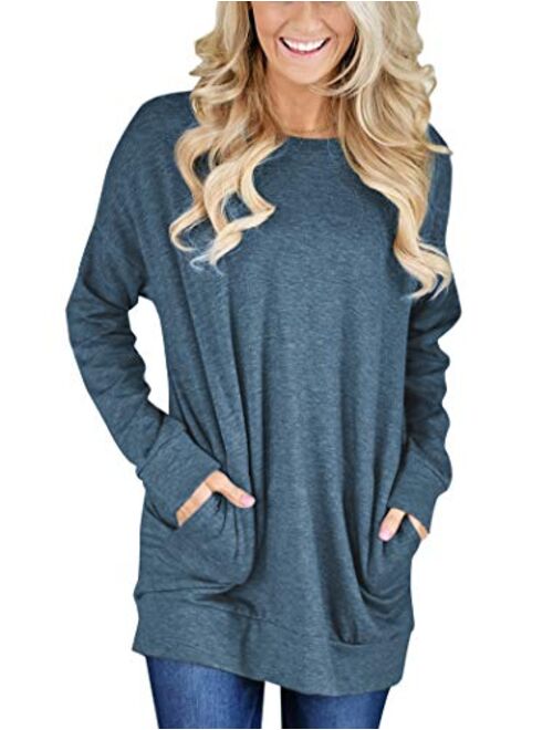 Bingerlily Women's Casual Long Sleeve Top Tunics Crew Neck Shirts Loose Fitting Blouses with Pocket