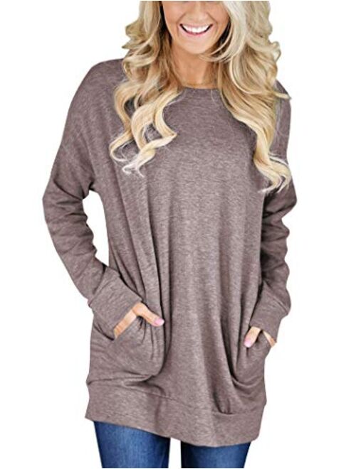 Bingerlily Women's Casual Long Sleeve Top Tunics Crew Neck Shirts Loose Fitting Blouses with Pocket