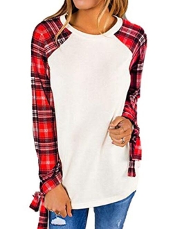 Famulily Women's Casual Raglan Tie Sleeve Plaid Print T Shirt Tops