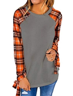 Famulily Women's Casual Raglan Tie Sleeve Plaid Print T Shirt Tops