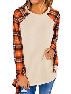 Famulily Women's Casual Raglan Tie Sleeve Plaid Print T Shirt Tops