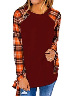 Famulily Women's Casual Raglan Tie Sleeve Plaid Print T Shirt Tops