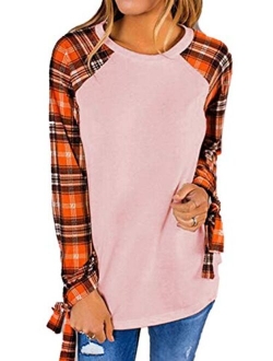 Famulily Women's Casual Raglan Tie Sleeve Plaid Print T Shirt Tops