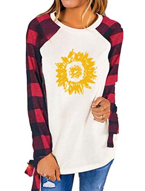 Famulily Women's Casual Raglan Tie Sleeve Plaid Print T Shirt Tops