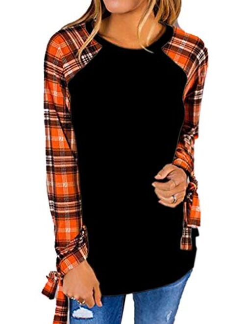 Famulily Women's Casual Raglan Tie Sleeve Plaid Print T Shirt Tops