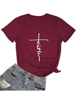 SELECTEES Women Faith Graphic V-Neck Cute Tee Shirts Tops