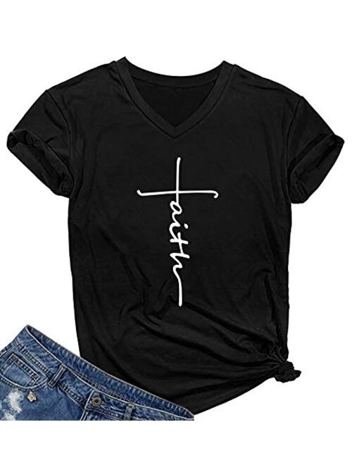 SELECTEES Women Faith Graphic V-Neck Cute Tee Shirts Tops