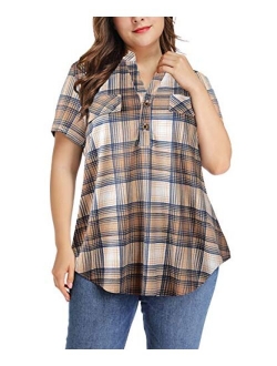 MONNURO Womens Plaid Shirts Henley V Neck Casual Loose Short Sleeve Tunic Tops T-Shirt Blouses