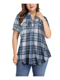 MONNURO Womens Plaid Shirts Henley V Neck Casual Loose Short Sleeve Tunic Tops T-Shirt Blouses