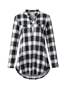 MONNURO Womens Plaid Shirts Henley V Neck Casual Loose Short Sleeve Tunic Tops T-Shirt Blouses