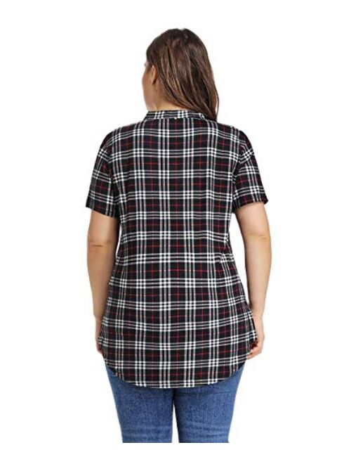 MONNURO Womens Plaid Shirts Henley V Neck Casual Loose Short Sleeve Tunic Tops T-Shirt Blouses