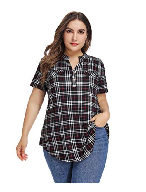 MONNURO Womens Plaid Shirts Henley V Neck Casual Loose Short Sleeve Tunic Tops T-Shirt Blouses