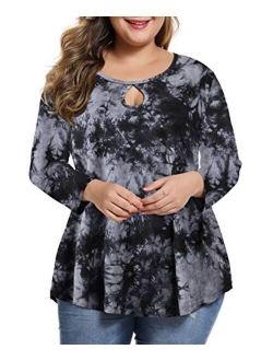 MONNURO Womens Plus Size 3/4 Sleeve Casual Loose Keyhole Sexy Tunic Tops Basic Tee Shirts