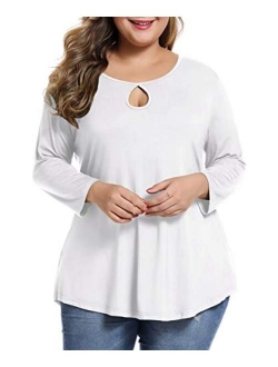 MONNURO Womens Plus Size 3/4 Sleeve Casual Loose Keyhole Sexy Tunic Tops Basic Tee Shirts