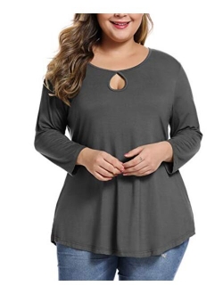 MONNURO Womens Plus Size 3/4 Sleeve Casual Loose Keyhole Sexy Tunic Tops Basic Tee Shirts