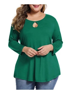 MONNURO Womens Plus Size 3/4 Sleeve Casual Loose Keyhole Sexy Tunic Tops Basic Tee Shirts