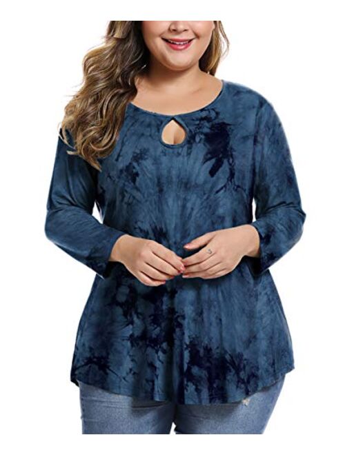 MONNURO Womens Plus Size 3/4 Sleeve Casual Loose Keyhole Sexy Tunic Tops Basic Tee Shirts