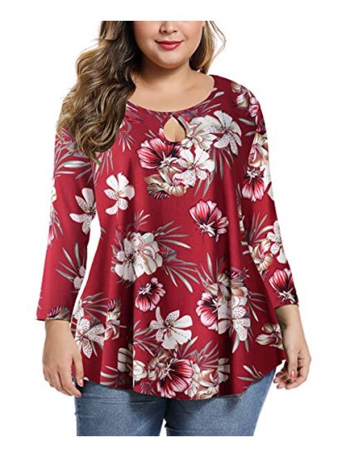 MONNURO Womens Plus Size 3/4 Sleeve Casual Loose Keyhole Sexy Tunic Tops Basic Tee Shirts