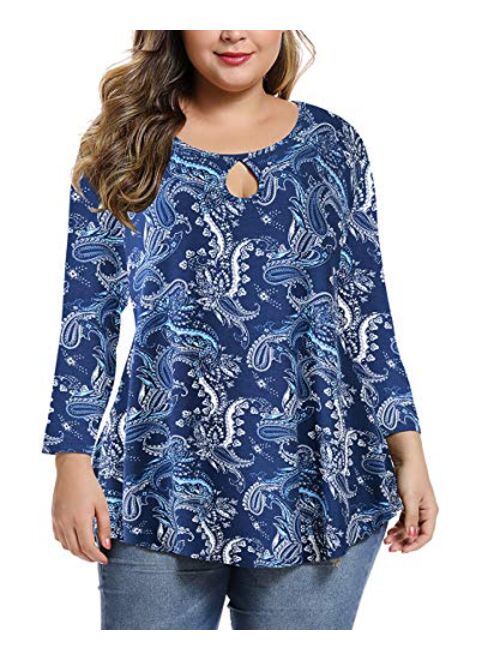 MONNURO Womens Plus Size 3/4 Sleeve Casual Loose Keyhole Sexy Tunic Tops Basic Tee Shirts