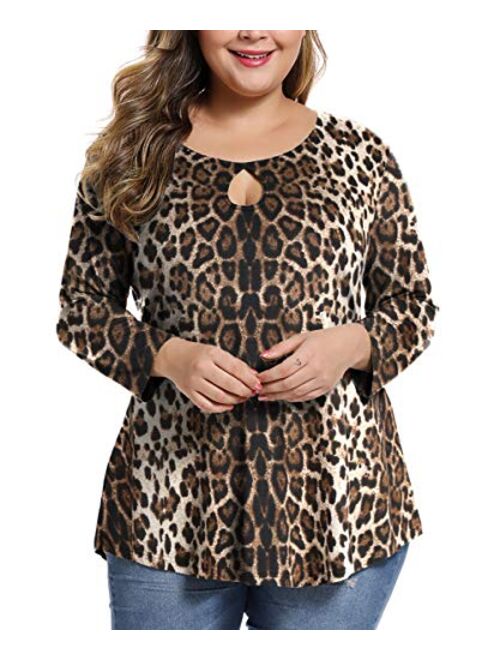 MONNURO Womens Plus Size 3/4 Sleeve Casual Loose Keyhole Sexy Tunic Tops Basic Tee Shirts