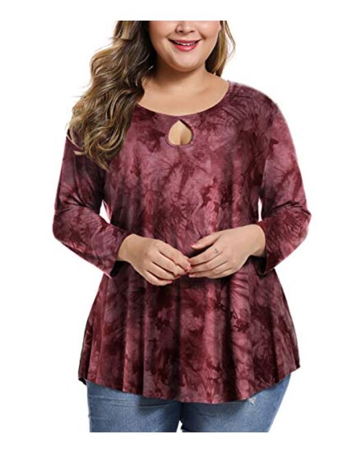 MONNURO Womens Plus Size 3/4 Sleeve Casual Loose Keyhole Sexy Tunic Tops Basic Tee Shirts