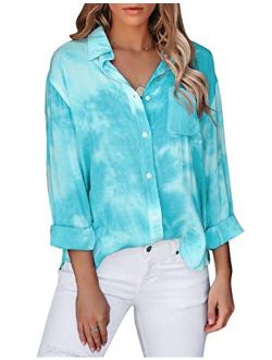 Vetinee Women's Casual Button Down Blouse Shirts Cuffed Sleeve Loose T-Shirt Tops