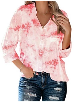 Vetinee Women's Casual Button Down Blouse Shirts Cuffed Sleeve Loose T-Shirt Tops