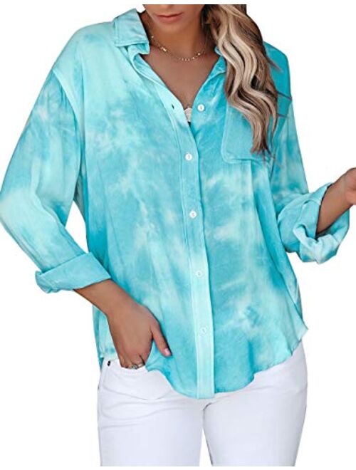 Vetinee Women's Casual Button Down Blouse Shirts Cuffed Sleeve Loose T-Shirt Tops