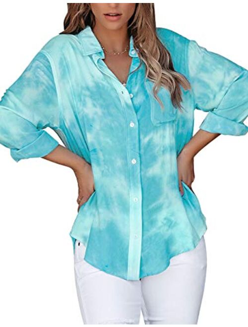 Vetinee Women's Casual Button Down Blouse Shirts Cuffed Sleeve Loose T-Shirt Tops