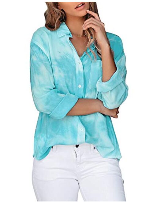 Vetinee Women's Casual Button Down Blouse Shirts Cuffed Sleeve Loose T-Shirt Tops