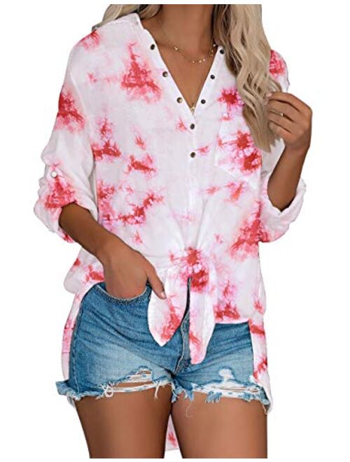 Vetinee Women's Casual Button Down Blouse Shirts Cuffed Sleeve Loose T-Shirt Tops