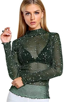 Women's Star Mesh See Through Mock Neck Long Sleeve Tops Tee T-Shirt