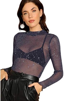 Women's Star Mesh See Through Mock Neck Long Sleeve Tops Tee T-Shirt