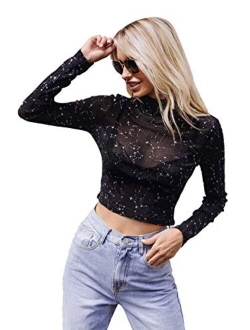 Women's Star Mesh See Through Mock Neck Long Sleeve Tops Tee T-Shirt