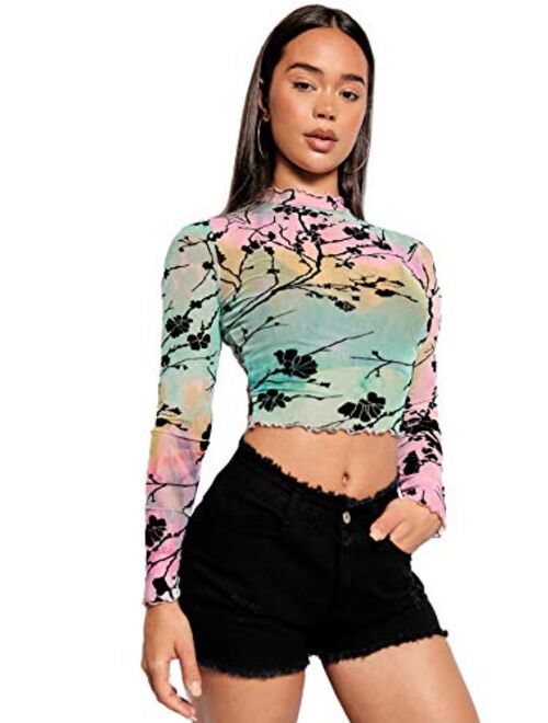 Floerns Women's Star Mesh See Through Mock Neck Long Sleeve Tops Tee T-Shirt