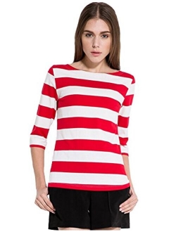 Camii Mia Women's 3/4 Sleeves Cotton Stripe T-Shirt