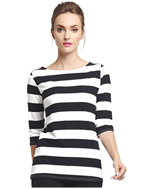 Camii Mia Women's 3/4 Sleeves Cotton Stripe T-Shirt