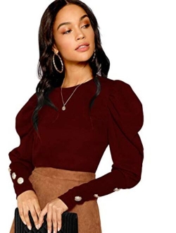 Women Puff Sleeve Button Round Neck Long Sleeve Tee Pullovers Tops