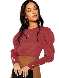 Women Puff Sleeve Button Round Neck Long Sleeve Tee Pullovers Tops