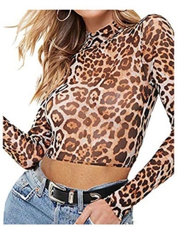 BelleLovin Women's Sheer Mesh Long Sleeve Crop Top Sexy Tee Blouse