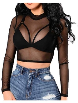 BelleLovin Women's Sheer Mesh Long Sleeve Crop Top Sexy Tee Blouse