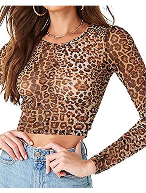 BelleLovin Women's Sheer Mesh Long Sleeve Crop Top Sexy Tee Blouse