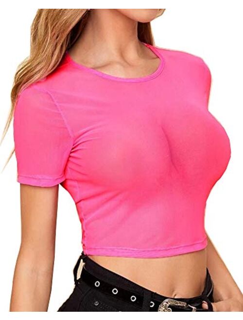 BelleLovin Women's Sheer Mesh Long Sleeve Crop Top Sexy Tee Blouse