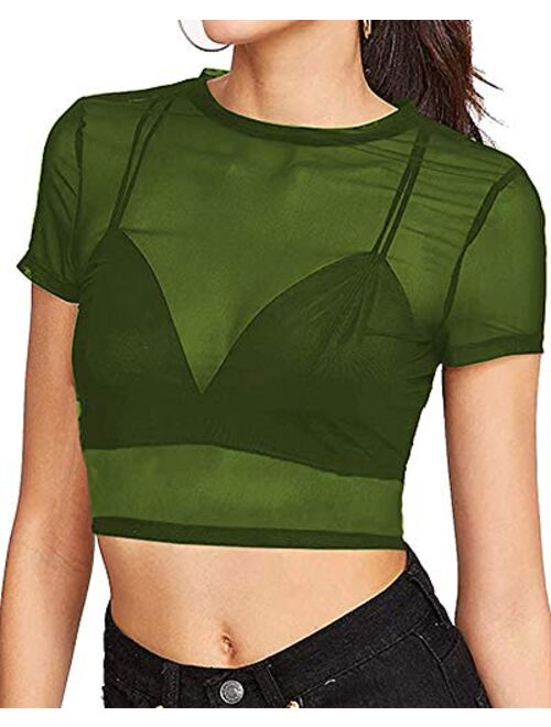 BelleLovin Women's Sheer Mesh Long Sleeve Crop Top Sexy Tee Blouse