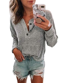 Womens V Neck Henley Shirts Pocket Ribbed Long Sleeve Button Down Tops Casual Loose Fit Tees