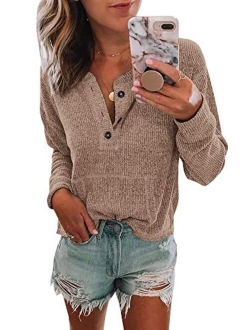 Womens V Neck Henley Shirts Pocket Ribbed Long Sleeve Button Down Tops Casual Loose Fit Tees