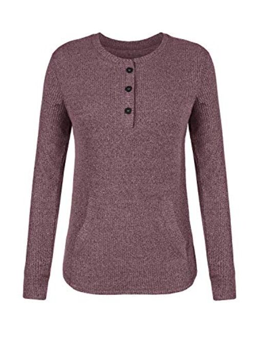 Womens V Neck Henley Shirts Pocket Ribbed Long Sleeve Button Down Tops Casual Loose Fit Tees