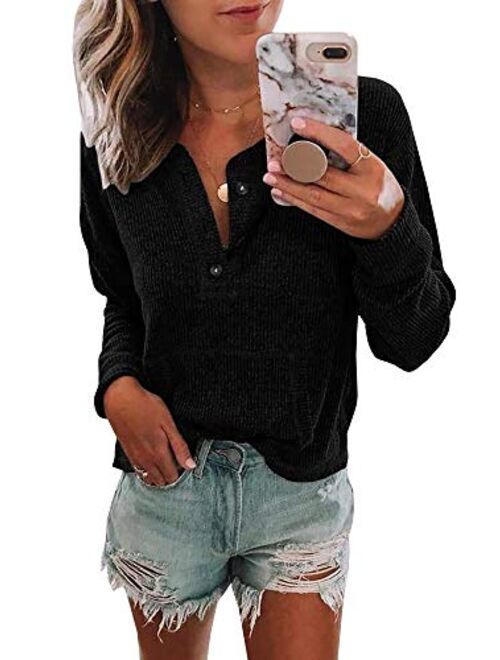 Womens V Neck Henley Shirts Pocket Ribbed Long Sleeve Button Down Tops Casual Loose Fit Tees